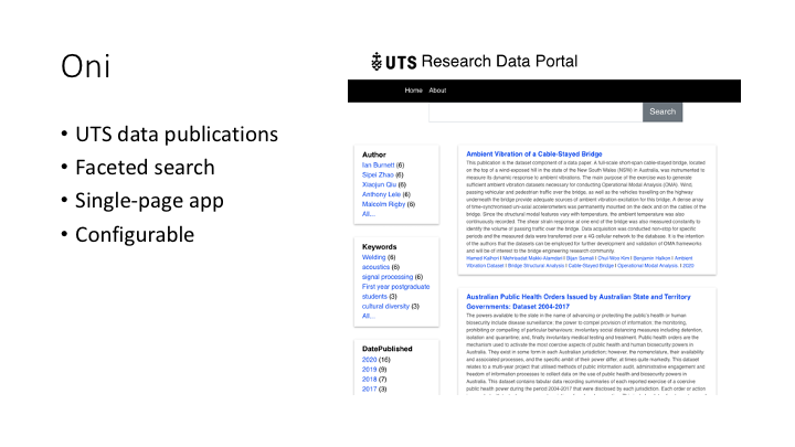 Oni / UTS data publications / Faceted search / Single-page app / Configurable