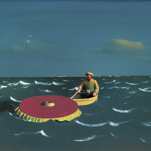An image generated by the StableDiffusion system using a darkened and desaturated version of the second image as a prompt. This one is moodier and the red disc has a kind of yellow ruffled skirt and a yellow boss in the middle. The human figure in the boat is considerably larger and better defined, although their face is blurry