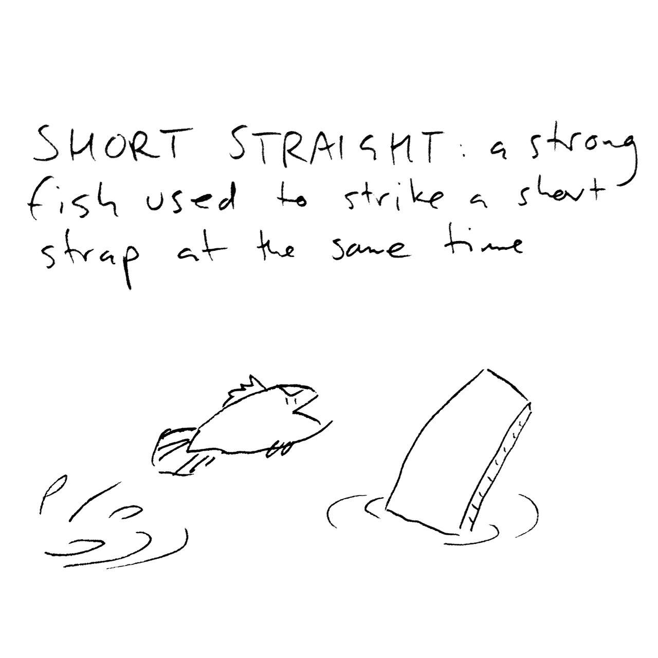 SHORT STRAIGHT: a strong fish used to strike a short strap at the same time. The drawing depicts a fish leaping from the water towards a curved strap.