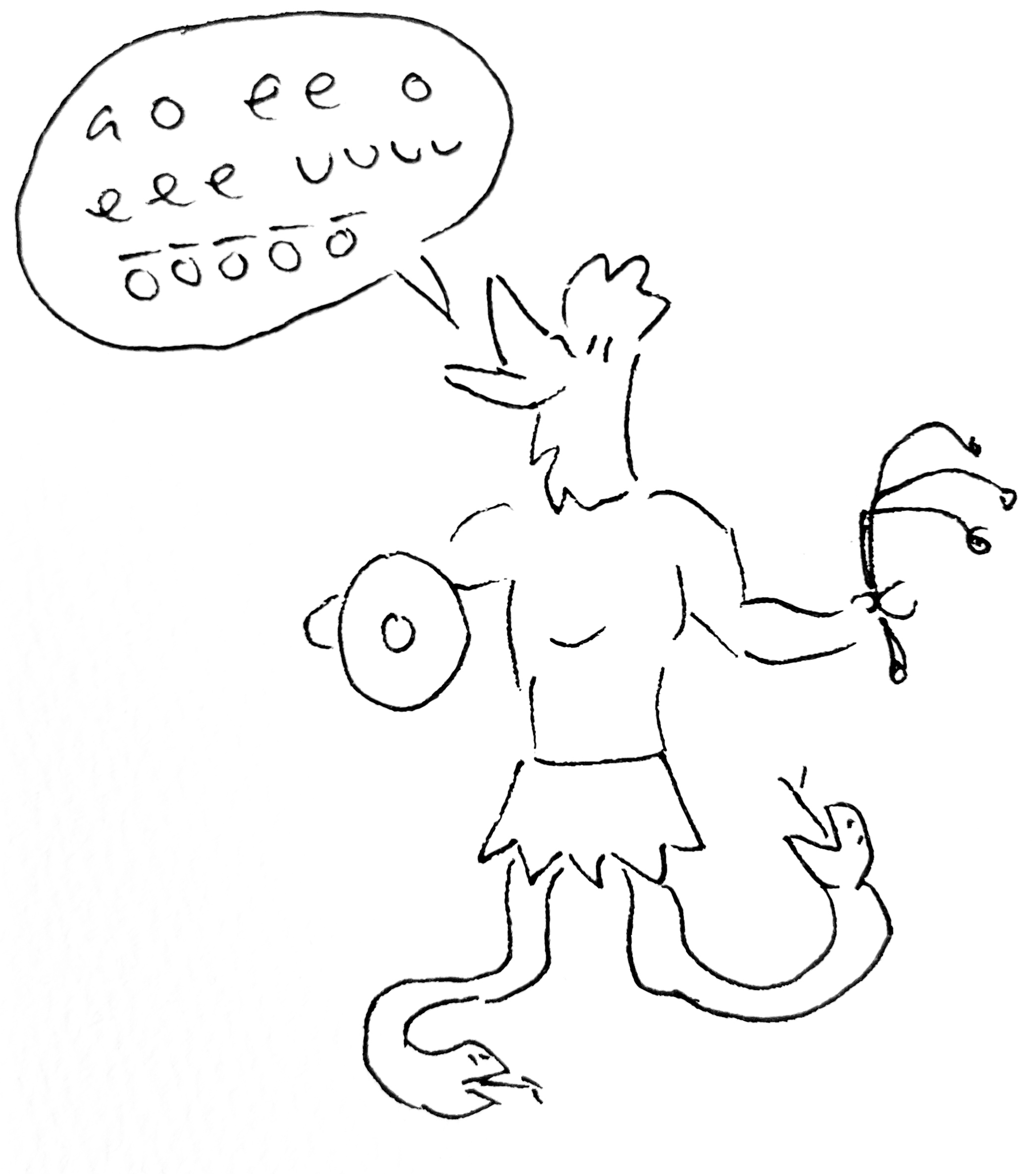 A black-and-white line drawing of Abraxas, a Gnostic deity in the form of a man with a rooster's head and snakes for legs armed with a flail and a shield, saying nonsense syllables