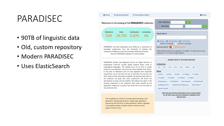 PARADISEC / 90TB of linguistic data /Old, custom repository / Modern PARADISEC / Uses ElasticSearch