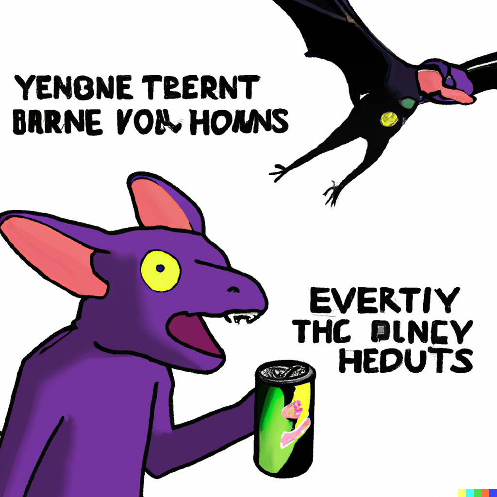AI-generated meme with a purple fruit bat holding an energy drink with another bat flying in the background. The text is black gibberish.