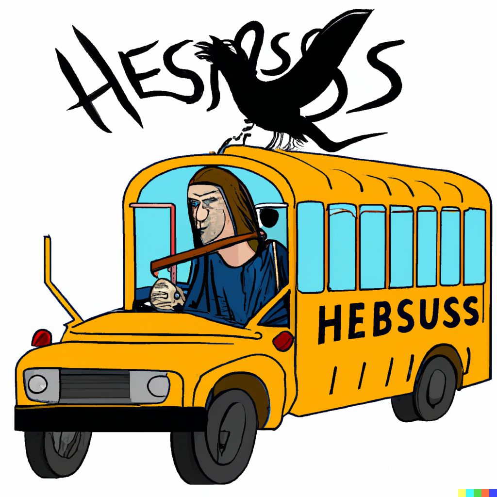 An AI-generated cartoon of a sinister robed figure driving a yellow American school bus. A black shape resembling a crow is perched on top of the bus, entwined with the letters "HESSSS". The bus has the word "HEBSUSS" written along its side in black letters.
