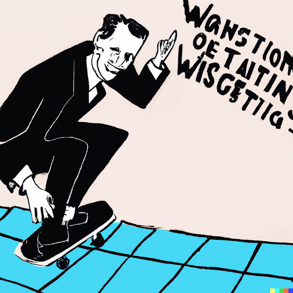 AI generated drawing of Wittgenstein riding a skateboard