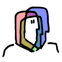 Cartoon of a guy whose head is made of three overlapping profiles with different colors