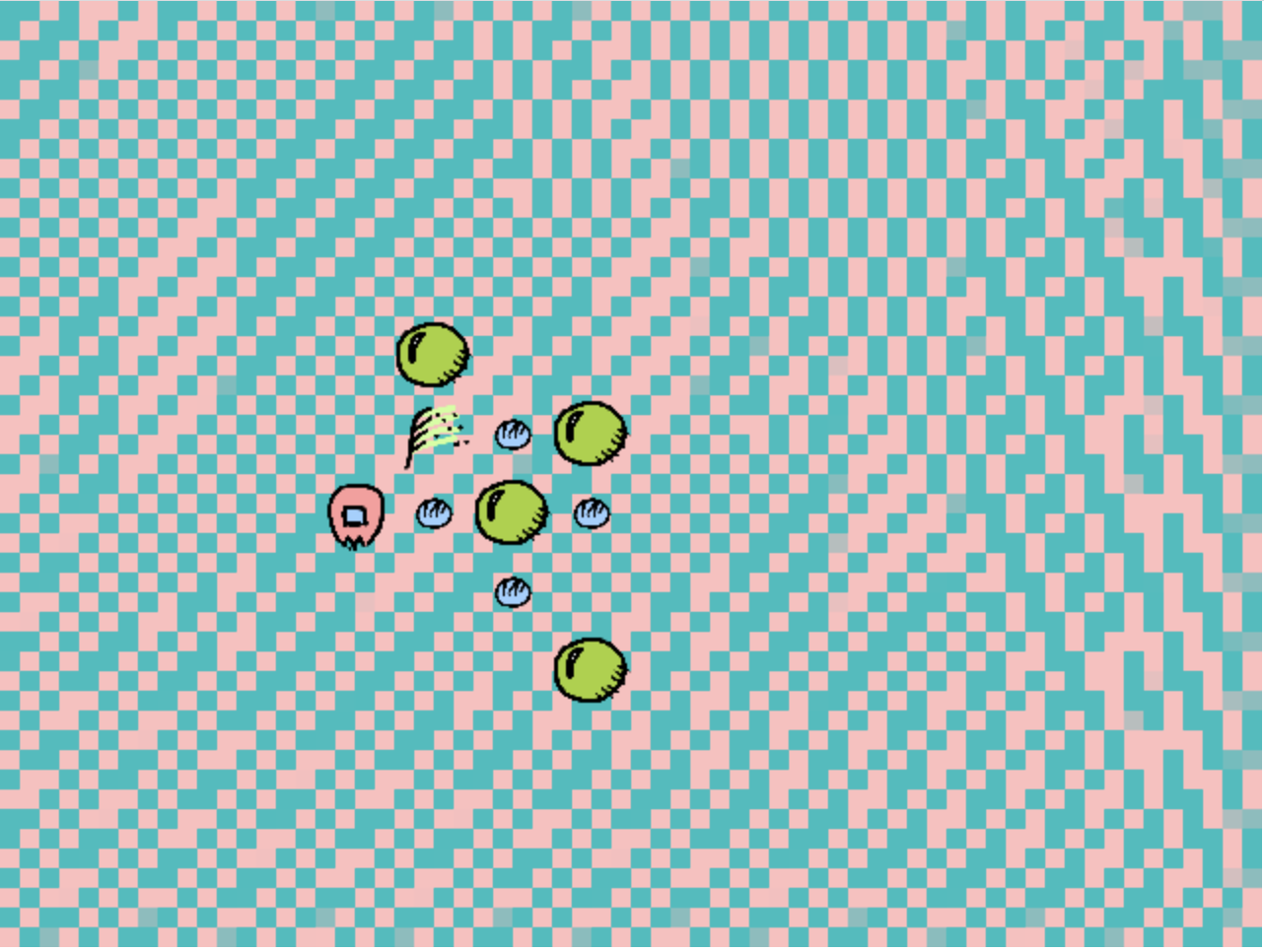 Screenshot of the Grawlix game, with vivid pink and aqua stripes and some odd little emoji characters