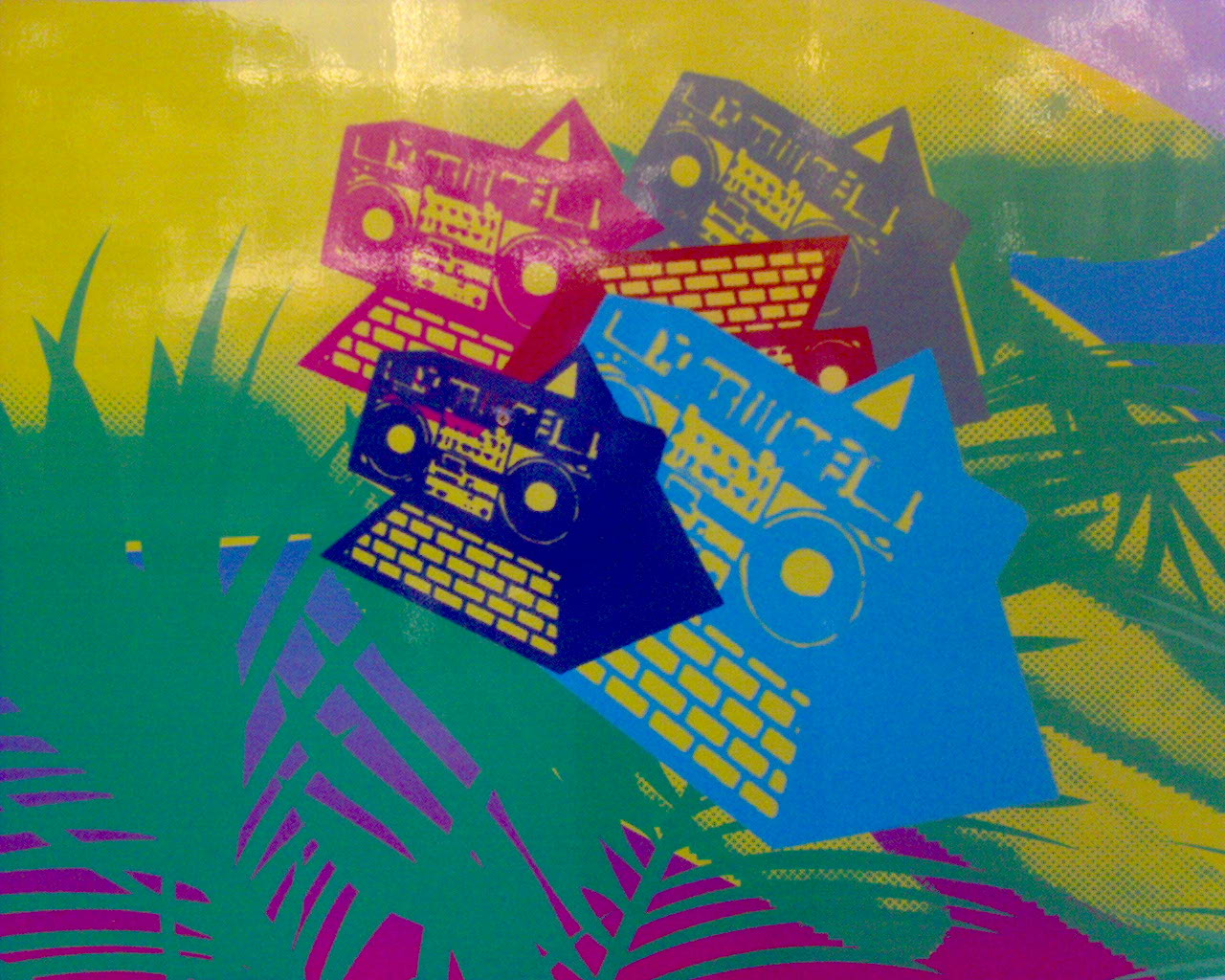 Photo of a hoarding with violently coloured screen prints of the KLF beatbox-pyramid logo on a background of palm fronds