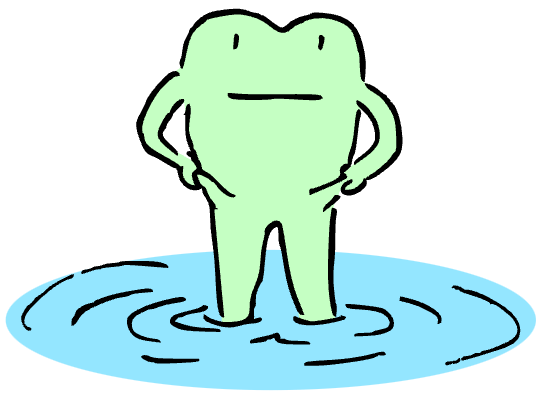 Cartoon of a frog standing in water and pulling the skin of his legs up as if he were wearing pants