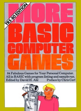 Cover art for the book "More Basic Computer Games" in lurid olive and red with a cartoon of a blonde dude arm in arm with a robot with a video camera for a head