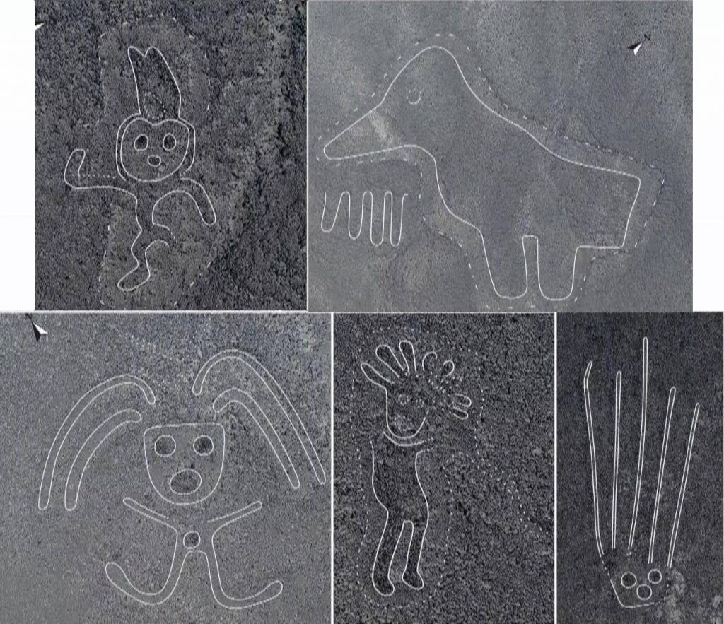 Black and white photos of the Nazca geoglyphs