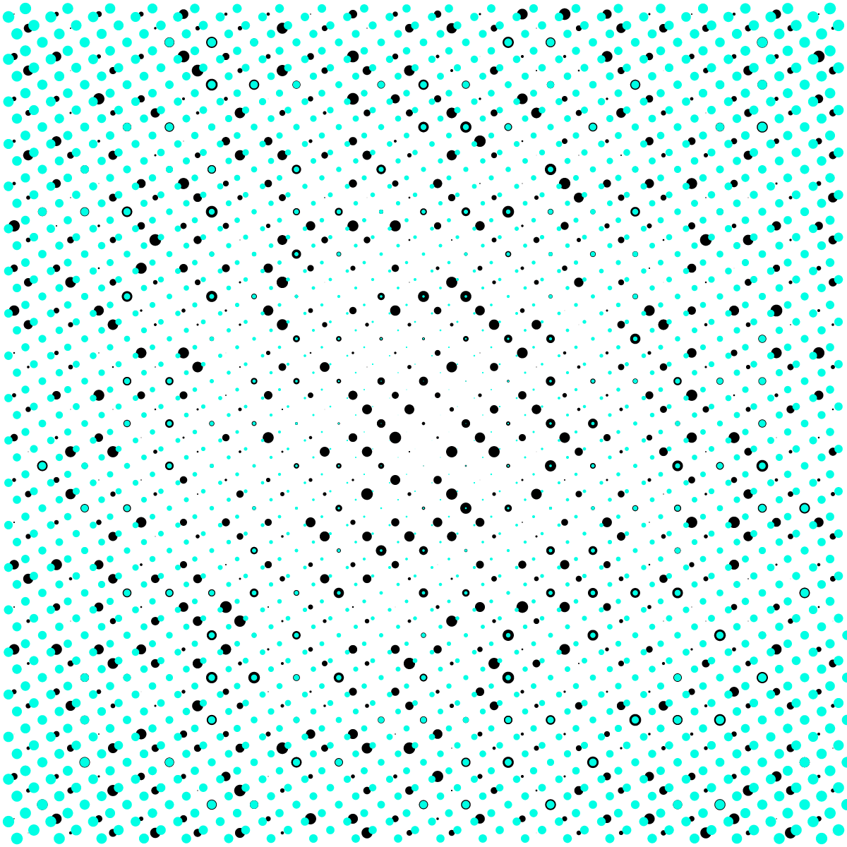 an abstract pattern of cyan and black dots on a white background