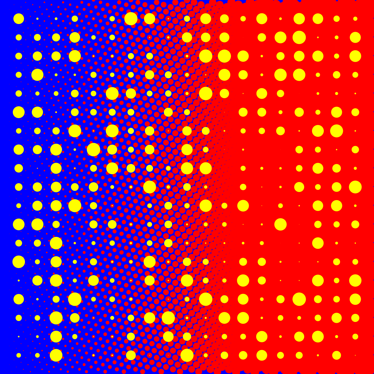 an abstract pattern of large yellow dots and smaller red ones on a blue background