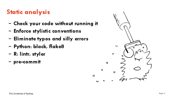 Check your code without running it
Enforce stylistic conventions
Eliminate typos and silly errors
Python: black, flake8
R: lintr, styler
pre-commit
Static analysis
