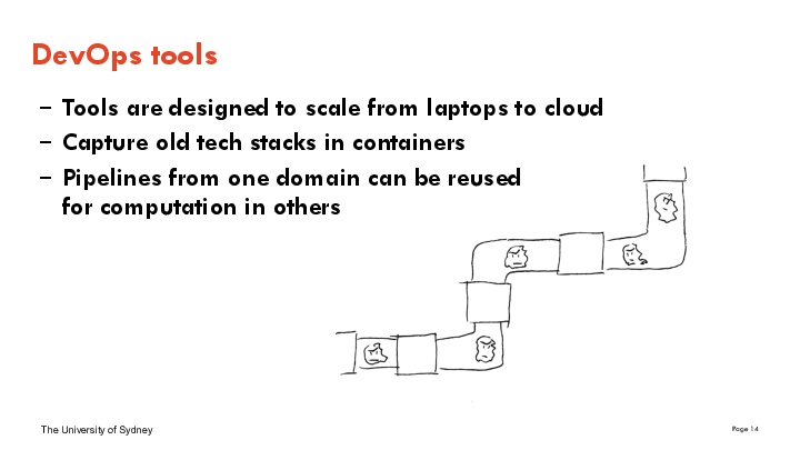 DevOps tools
Tools are designed to scale from laptops to cloud
Capture old tech stacks in containers
Pipelines from one domain can be reusedfor computation in others

