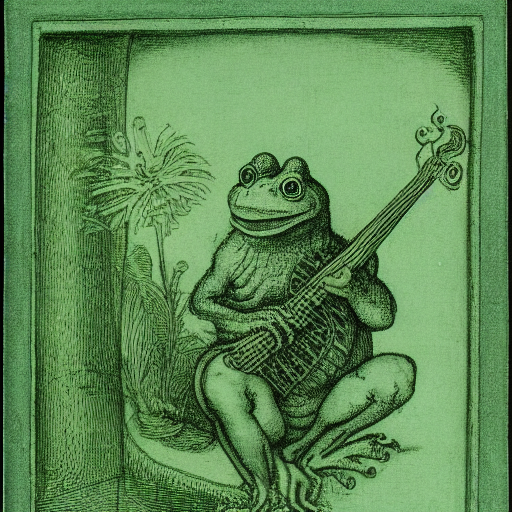 AI-generated image from the prompt: Engraving in the style of Albrecht Dürer of a frog playing the banjo. The background is green and this frog is a happy little guy