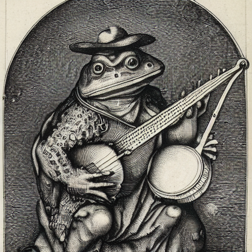 AI-generated image from the prompt: Engraving in the style of Albrecht Dürer of a frog playing the banjo. The frog's face is messed up and the banjo seems to have two bodies but otherwise it's surprisingly good