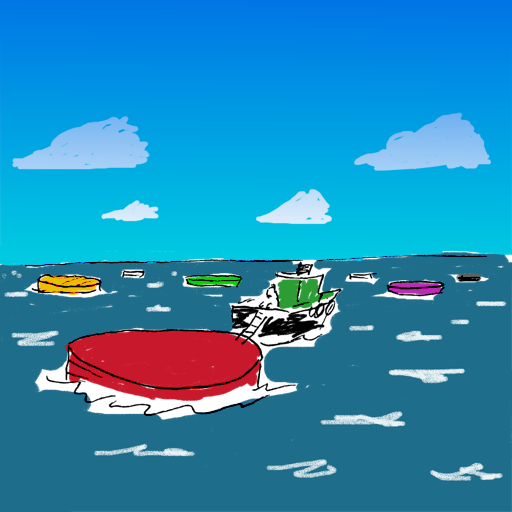A version of the first image without the caption in which the outlines have been crudely coloured in with a graphics editor. Choppy waves and four fluffy white clouds have been added.