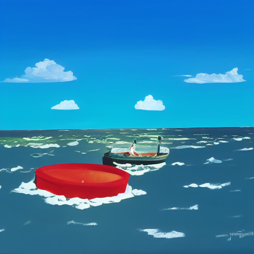 An image generated by the StableDiffusion system using the second image as a prompt. The image now has a pleasing brushtstroke texture and the boat seems to be a speedboat with two indistinct figures.