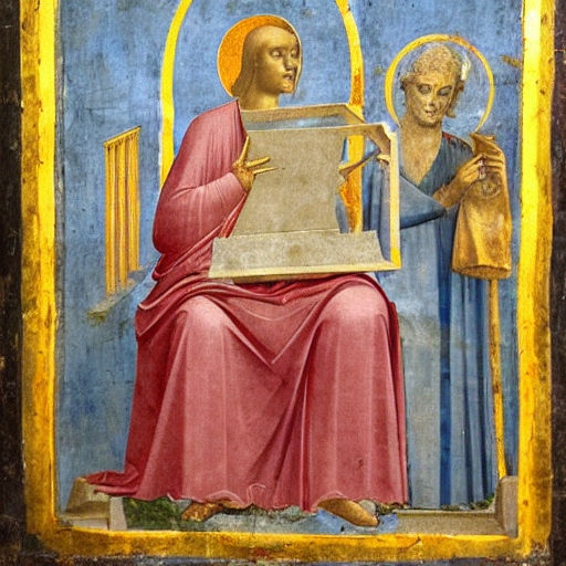 AI-generated image from the prompt: Fresco by Giotto of an allegory of machine learning, depicting a seated figure in pink robes holding a sort of rectangular frame with spiky brass figures and appearing to talk to a second standing figure in pink robes