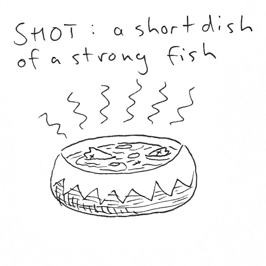 SHOT: a short dish of a strong fish. A drawing of a round pot containing a ragout in which two small fish float, and from which wavy rays symbolising a strong aroma pass upwards.