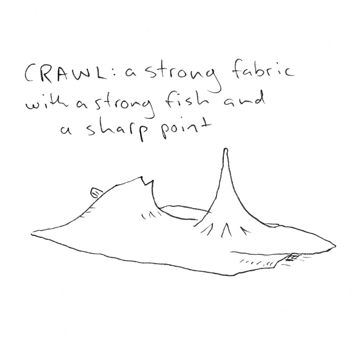 CRAWL: a strong fabric with a strong fish and a sharp point. A drawing of a bolt of cloth thrown upon a fish and a spiky thing, indistinctly shown through its form.