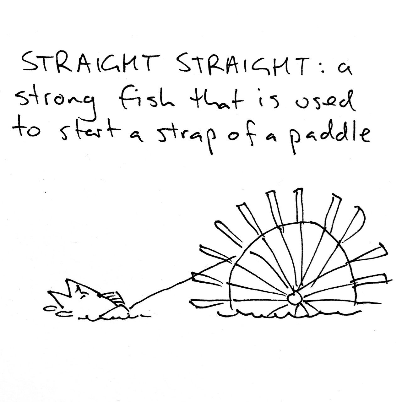 STRAIGHT STRAIGHT: a strong fish that is used to start a strap of a paddle. The drawing shows a fish in harness at the left, attached by a cord to a paddle wheel at the right.