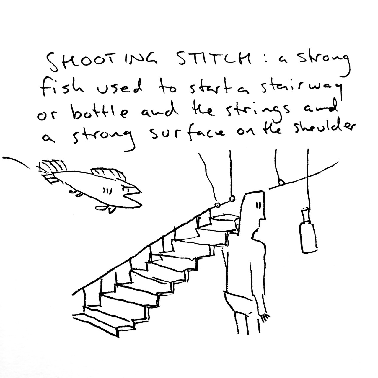 SHOOTING STITCH: a strong fish used to start a stairway or bottle and the strings and a strong surface on the shoulder. The drawing depicts a man with a staircase resting on his left shoulder. A series of strings extends upward from the top of the staircase and a bottle is suspended from a string to the right of the man. A fish is flying towards the staircase from the upper left.