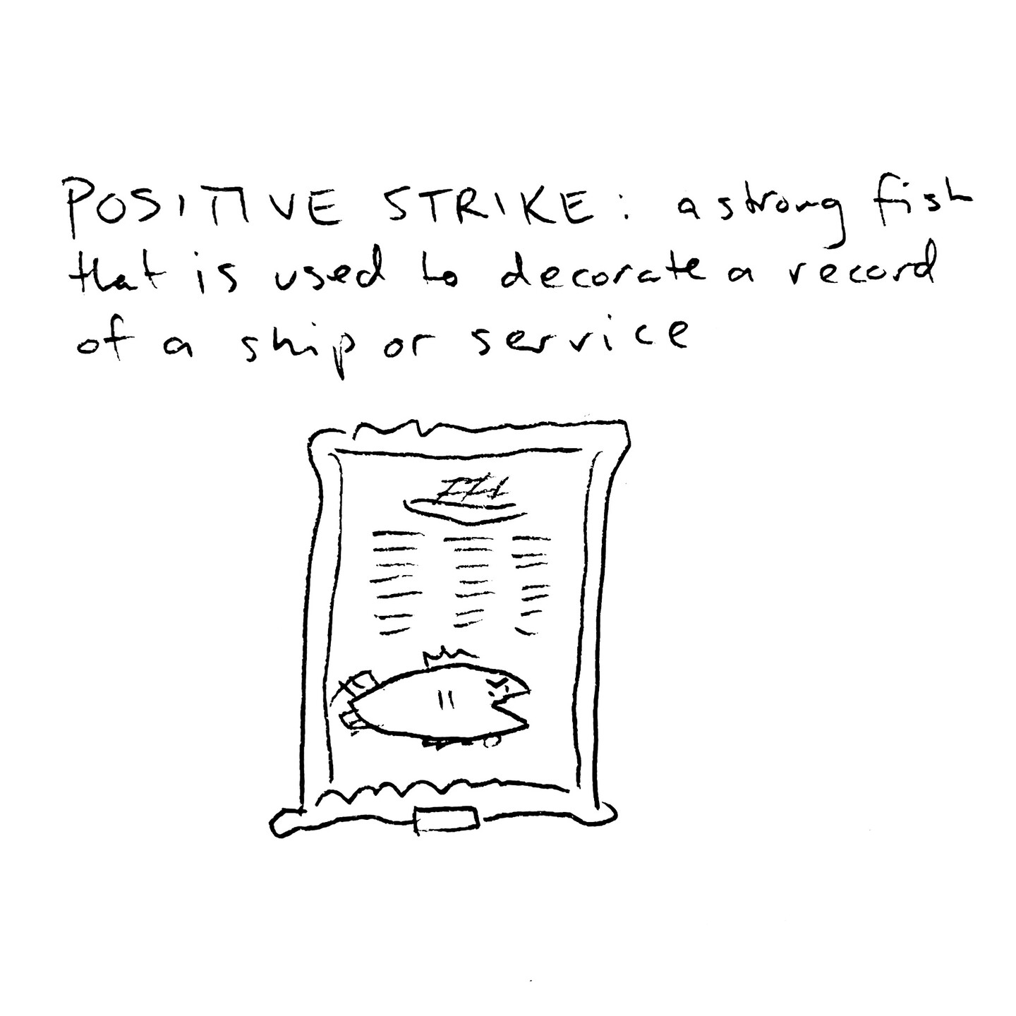 POSITIVE STRIKE: a strong fish that is used to decorate a record of a ship or service. The drawing depicts a framed certificate with a sailing ship at the top and a large fish at the bottom.