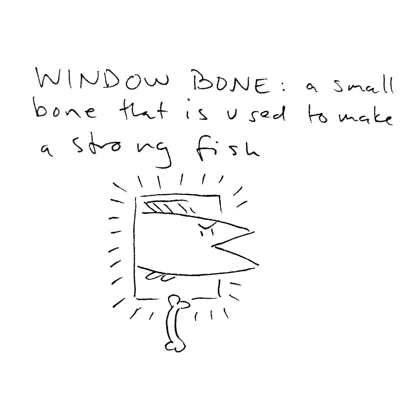 WINDOW BONE: a small bone that is used to make a strong fish. The drawing depicts a small curved bone above which is a glowing portal through which a fish is emerging.